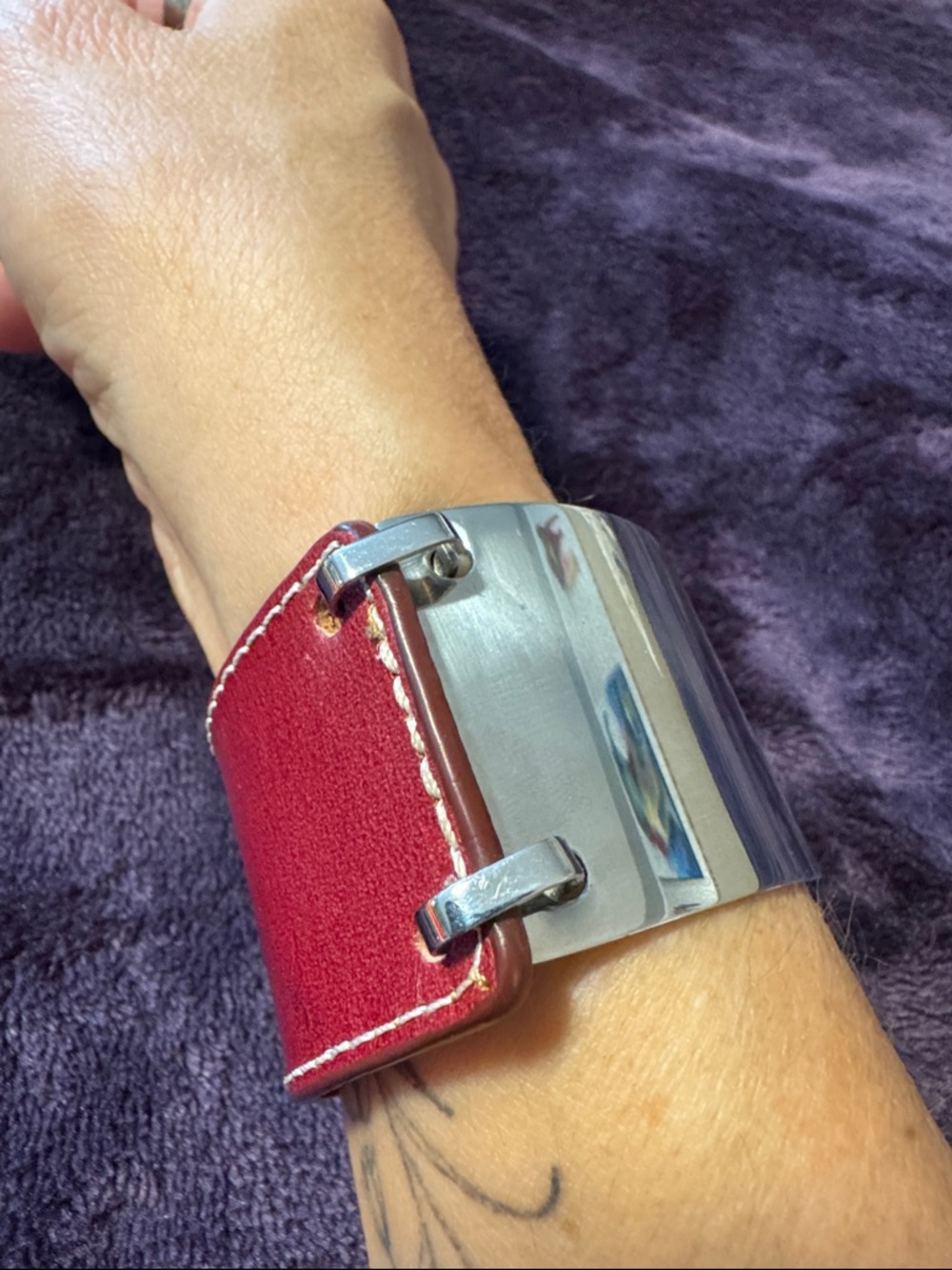 Red Leather and Silver Cuff Smartwatch Band